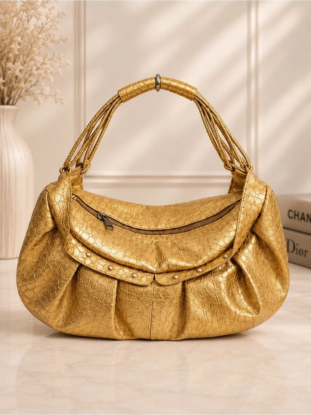 Charlie Lapson Metallic Gold Croc Embossed Hobo Shoulder Bag